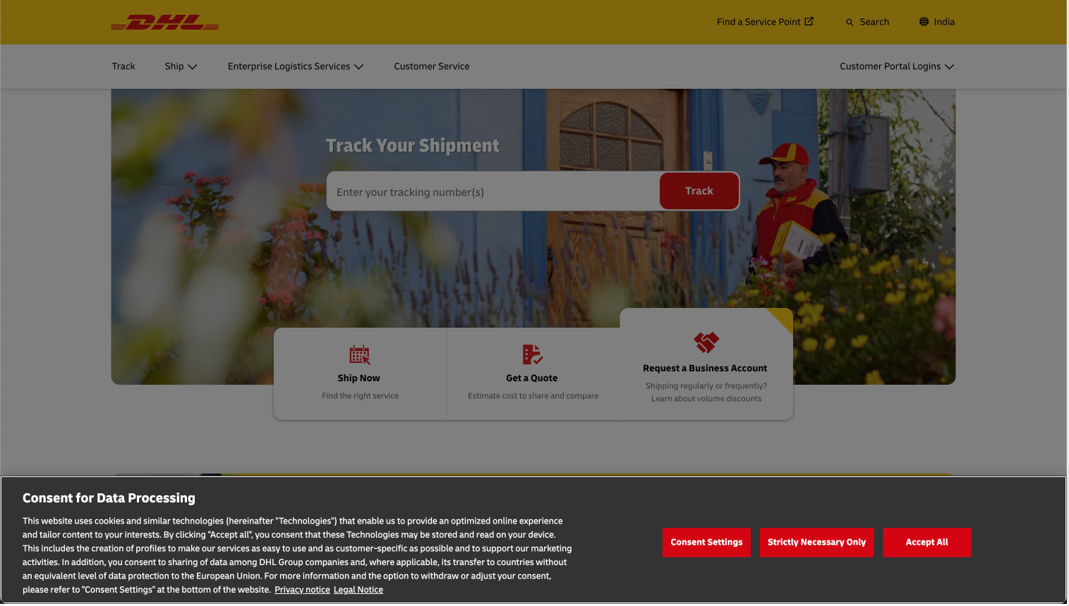 DHL cookie consent experience.