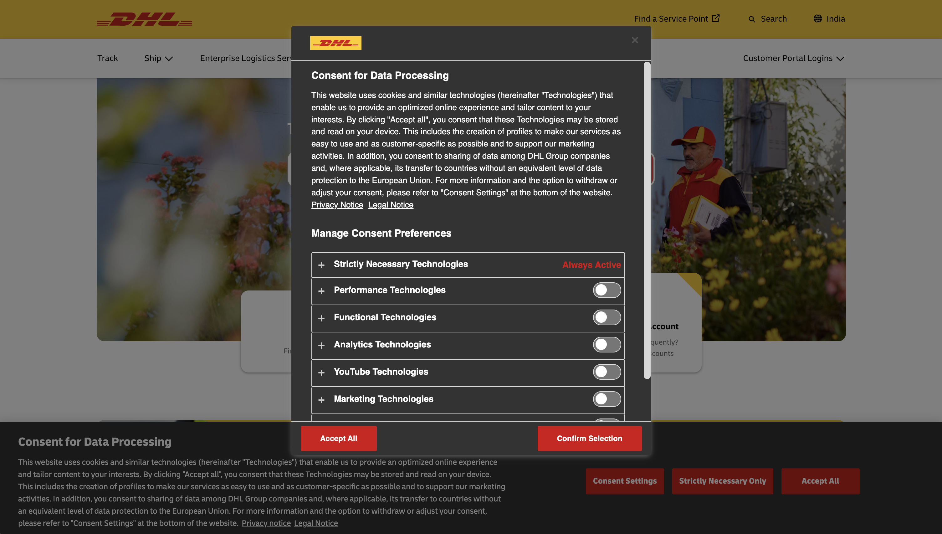 DHL cookie consent experience.