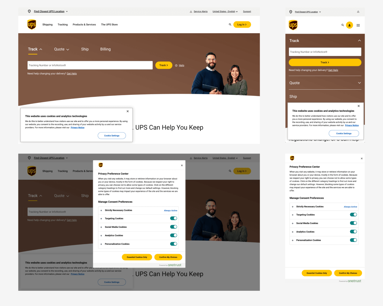 UPS cookie consent experience.